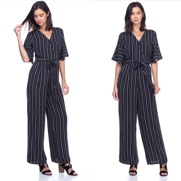 Striped ruffle short sleeves belted jumpsuit - Picture 8 of 8